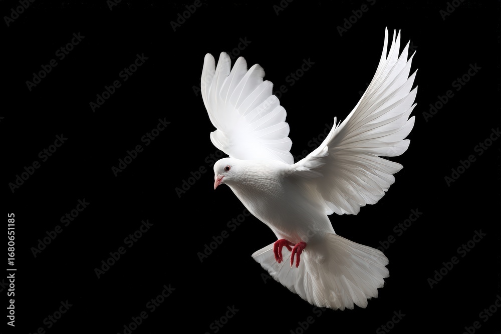 Fototapeta premium Beautiful white dove flying with wide open wings on a black background, representing peace, hope, and spirituality