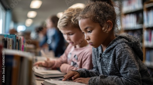 Two children reading books in a library. A young Caucasian boy with blond hair and a young African girl with curly hair are focused on their pages.