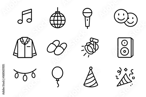 Festive Pajama Icons. Outline icon set of festive pajama dance: music notes, disco ball, microphone, smiling