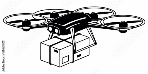 Illustration of a black and white drone carrying two boxes for delivery service in the air view