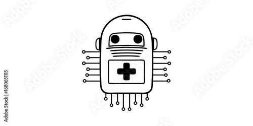 A medical robot with a plus sign on its chest and visible wiring on a white background illustration