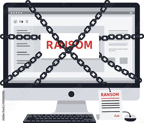 Minimal flat desktop computer with ransom note and chains symbolizing ransomware