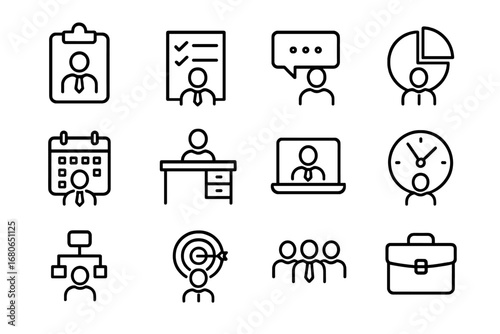 Project Management Icons. Outline icon set of managers leading projects: clipboard, task list, speech bubble,