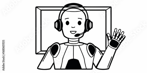 Illustration of a robot wearing a headset with a microphone waving in front of a rectangular frame
