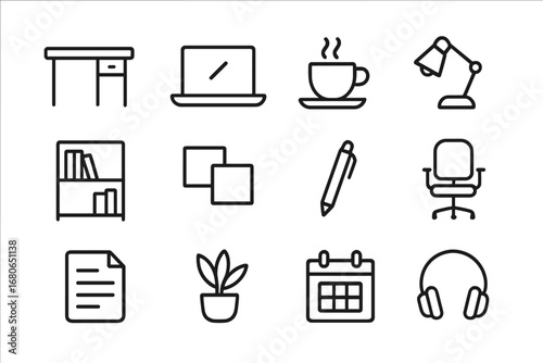 Coworking Icons Grid. Outline icon set of coworking space: desk, laptop, coffee cup, lamp, bookshelf, sticky