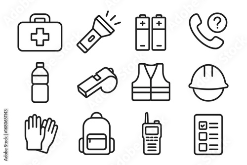 Emergency Preparedness Icons. Outline icon set of emergency preparedness: first aid kit, flashlight, batteries