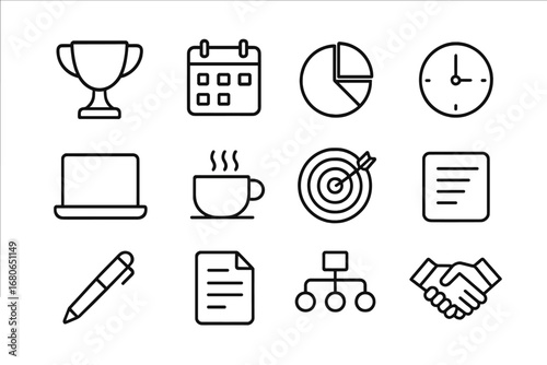 Project Milestone Icons. Outline icon set of project milestone achievement: trophy, calendar, pie chart,