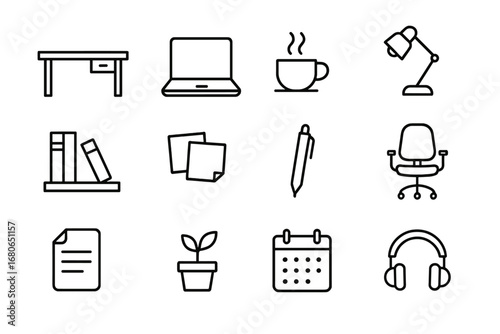 Coworking Icons Grid. Outline icon set of coworking space: desk, laptop, coffee cup, lamp, bookshelf, sticky
