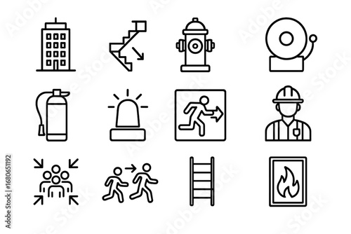 Urban Fire Safety Icons. Outline icon set of urban fire safety: skyscraper, fire escape stairs, hydrant, alarm