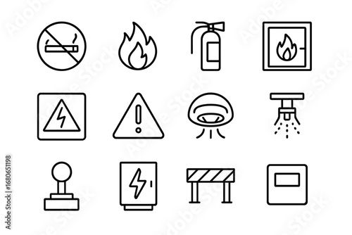 Fire Safety Icons. Outline icon set of fire prevention: no smoking sign, flammable icon, extinguisher,