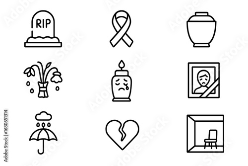Icons of Grief. Outline icon set of loss and grief: grave, mourning ribbon, sad eyes, urn, wilted bouquet,