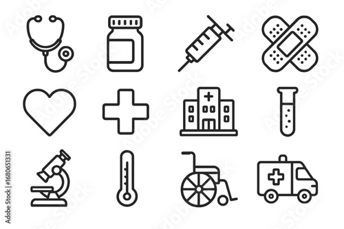 Healthcare Icons Grid. Outline icon set of flat and 3D healthcare icons: stethoscope, pill bottle, syringe,
