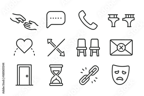 Reconciliation Icons Set. Outline icon set of reconciliation missed: two hands almost touching, fading message