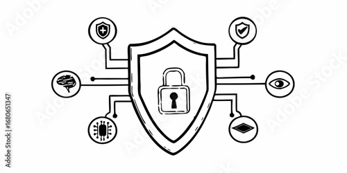 Illustration of a shield with a lock inside connected to various security related icons around it