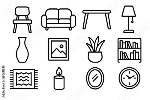 Home Decor Icons. Outline icon set of flat and 3D home decor: chair, sofa, table, lamp, vase, picture frame,