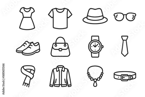 Fashion Icon Grid. Outline icon set of flat and 3D fashion icons: dress, t-shirt, hat, sunglasses, shoes,
