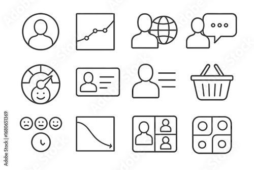 Customer Insights Icons. Outline icon set of customer insights: customer profile, behavior chart, demographics