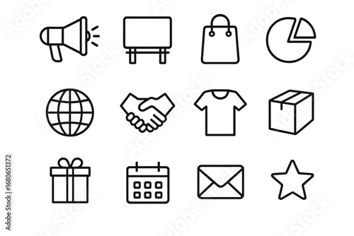 Inclusive Marketing Icons. Outline icon set of inclusive marketing: megaphone, billboard, shopping bag, globe,