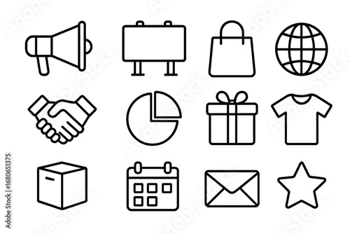 Inclusive Marketing Icons. Outline icon set of inclusive marketing: megaphone, billboard, shopping bag, globe,