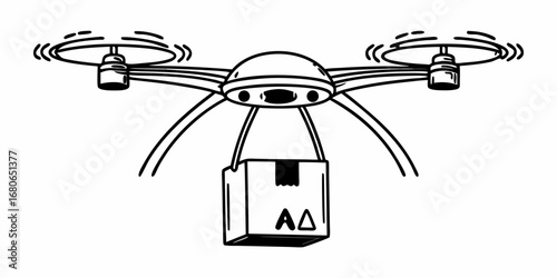 Illustration of a delivery drone carrying a package suspended below it with rotating propellers on top