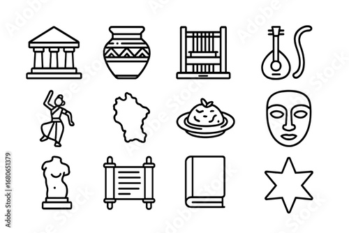 Cultural Heritage Icons. Outline icon set of cultural heritage: temple, pottery, weaving loom, musical