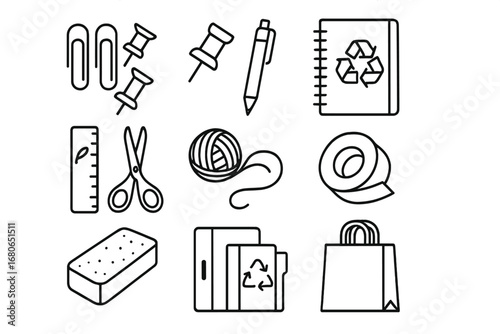 Biodegradable Stationery Icons. Outline icon set of biodegradable stationery: paper clips, push pins,