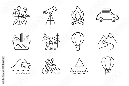 Romantic Adventure Icons. Outline icon set of romantic adventures: hiking couple, stargazing telescope,