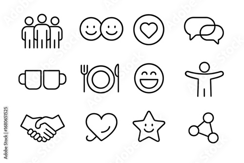 Friendship & Romance Icons. Outline icon set of friendship and romance crossover: group of friends, smiley