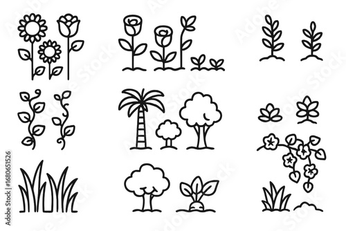 Plant Arrangement Icons. Outline icon set of arranging plants by height: tall sunflowers, medium roses, low