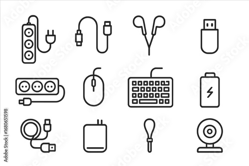 Tech Pegboard Icons. Outline icon set of pegboard for cables and tech: extension cord, charging cable,