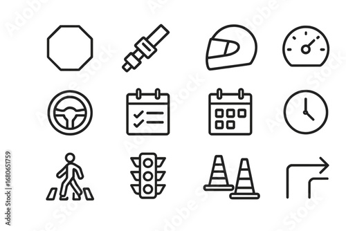 Road Safety Icons. Outline icon set of road safety planning: stop sign, seatbelt, helmet, speedometer,