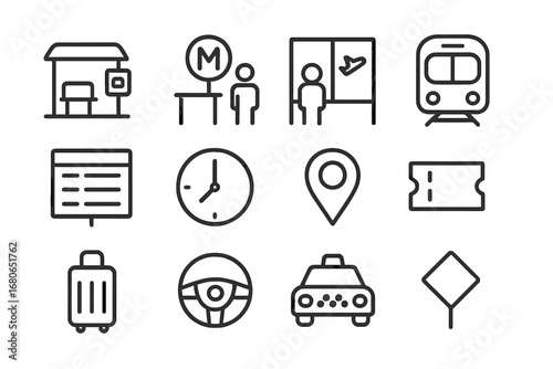 Transport Hub Icons. Outline icon set of transport hubs: bus stop, metro station, airport gate, train platform