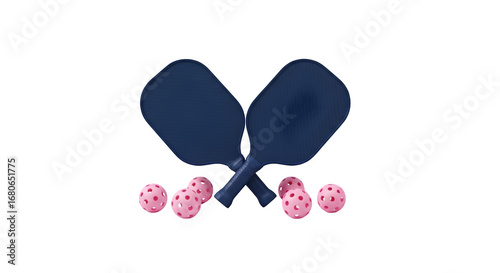 Isolated navy blue pickleball paddles with pastel pink ball transparent background high detail minimal style