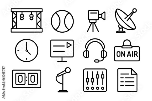 Event Coverage Icons. Outline icon set of live event coverage scheduling: concert stage, sports ball, camera