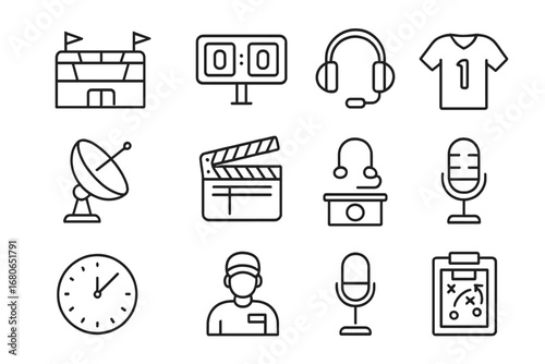 Sports Broadcast Icons. Outline icon set of sports broadcast planning: stadium icon, scoreboard, headset,