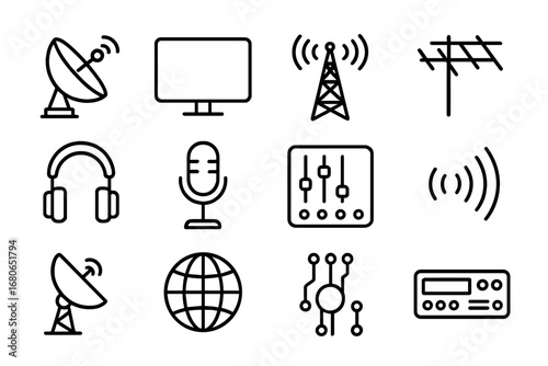 Satellite Broadcasting Icons. Outline icon set of satellite broadcasting: satellite dish, TV screen, radio