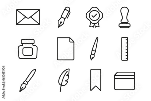 Correspondence Tool Icons. Outline icon set of correspondence tools: envelope, fountain pen, wax seal, stamp,