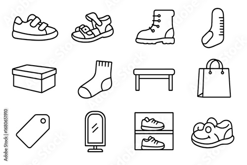 Kids Shoe Icons. Outline icon set of kids shoe fitting: children’s sneakers, sandals, boots, measuring tool,