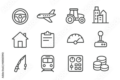 Simulation Icons Grid. Outline icon set of simulation gaming: steering wheel, airplane, farm tractor, city