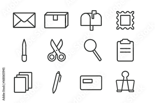 Mail Handling Icons. Outline icon set of daily mail handling: envelope, package, mailbox, stamp, letter opener