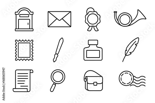 Postal History Icons. Outline icon set of postal history: vintage mailbox, old envelope, wax seal, post horn,