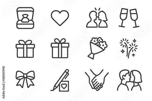 Proposal Icons Grid. Outline icon set of proposal and promise moments: ring box, heart icon, couple silhouette