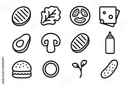 Vegan Burger Icons. Outline icon set of vegan burger grilling: plant-based patty, lettuce, tomato slice, vegan