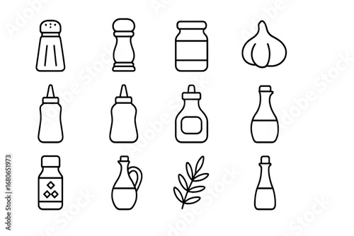 BBQ Seasoning Icons. Outline icon set of BBQ seasoning and condiments: salt shaker, pepper mill, paprika jar,