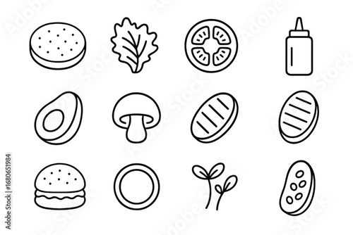 Vegan Burger Icons. Outline icon set of vegan burger grilling: plant-based patty, lettuce, tomato slice, vegan