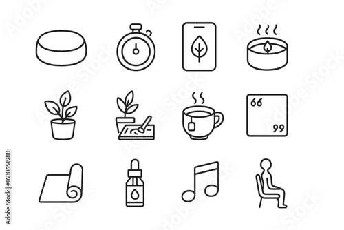 Mindfulness Office Icons. Outline icon set of mindfulness at the office: meditation cushion, breathing timer,