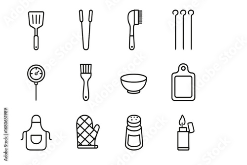 Grilling Tools Icons. Outline icon set of grilling tools: spatula, tongs, grill brush, skewers, meat