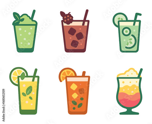 Frozen Drinks Icons. Flat icon set of stylized frozen drinks: mint lime slush, berry ice tea, cucumber chill,