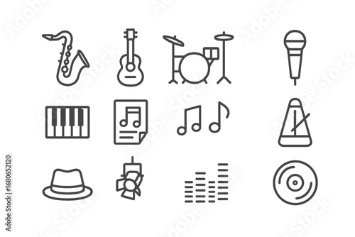 Music Icon Set. Outline icon set of music improvisation: saxophone, guitar, drum kit, microphone, piano, sheet