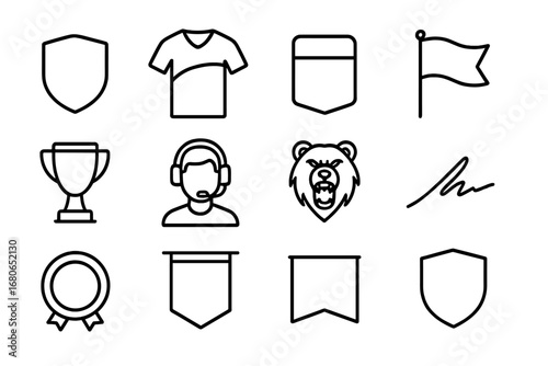 Esports Icon Set. Outline icon set of esports team branding: team logo, jersey, sponsor badge, flag, trophy,